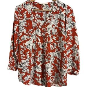Fun2Fun Maley Pleated Detail Top Burnt Orange Floral Design Women’s Size S